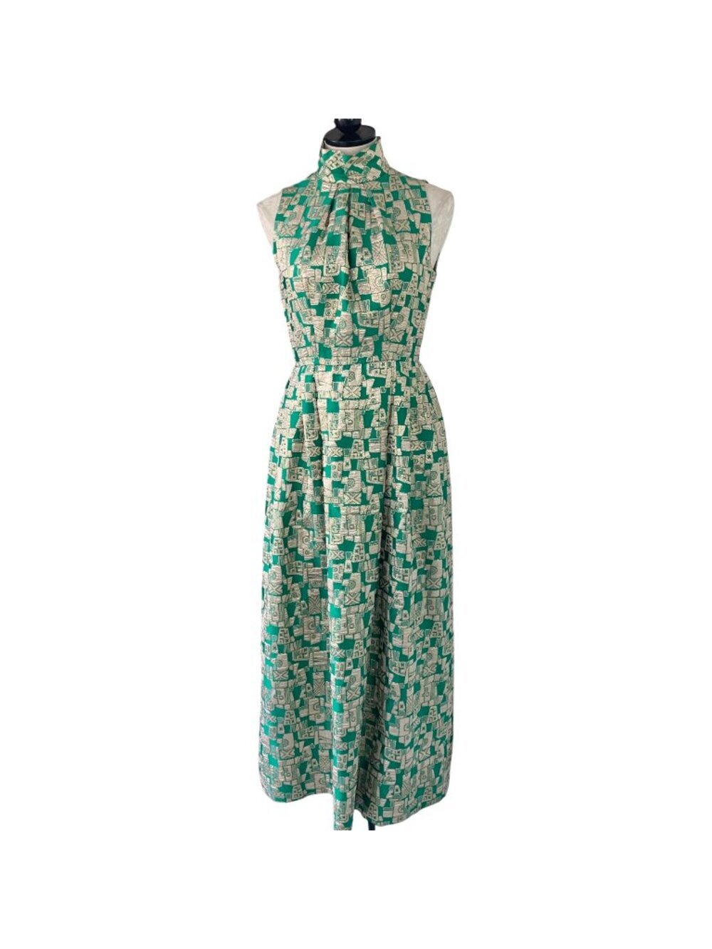Vintage Womens Pleated Maxi Dress Size Small Green Gold Geometric Print Casual - Picture 1 of 16
